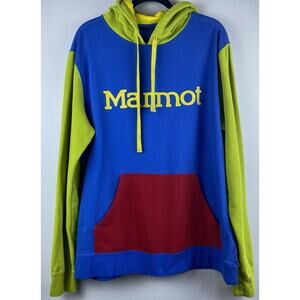 Vtg 90’s Marmot Colorblock Sz L LS Kangaroo Pocket Hoodie Back Graphic